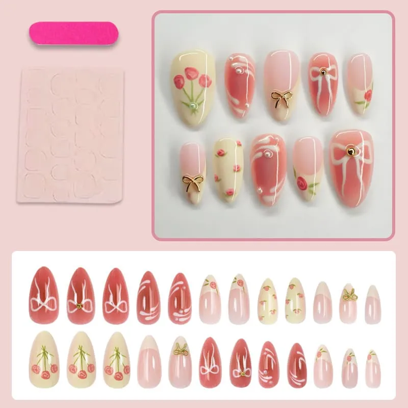 Nailhour 24Pcs Bow Gilded 3D Medium Almond French Press On Nails
