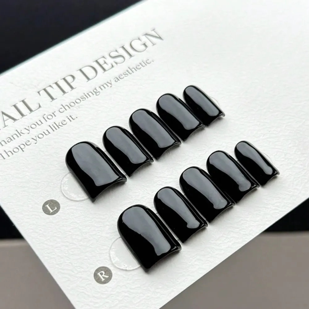 Nailhour 10Pcs Handmade Medium Square Matte Black Press On Nails