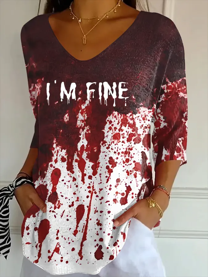 Women's Bloody I'm Fine Print Striped Fabric Casual V-Neck T-Shirt
