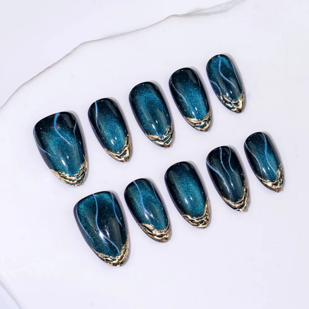 Nailhour 30Pcs Blue Cat Eye Medium Almond Press On Nails