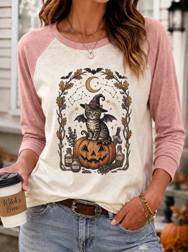Women's Halloween Cat Witch Pumpkin Printed Raglan T-shirt