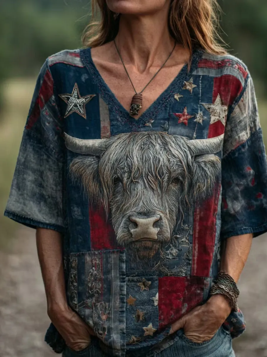 Women'S Independence Day Animal Embroidery Print T-Shirt