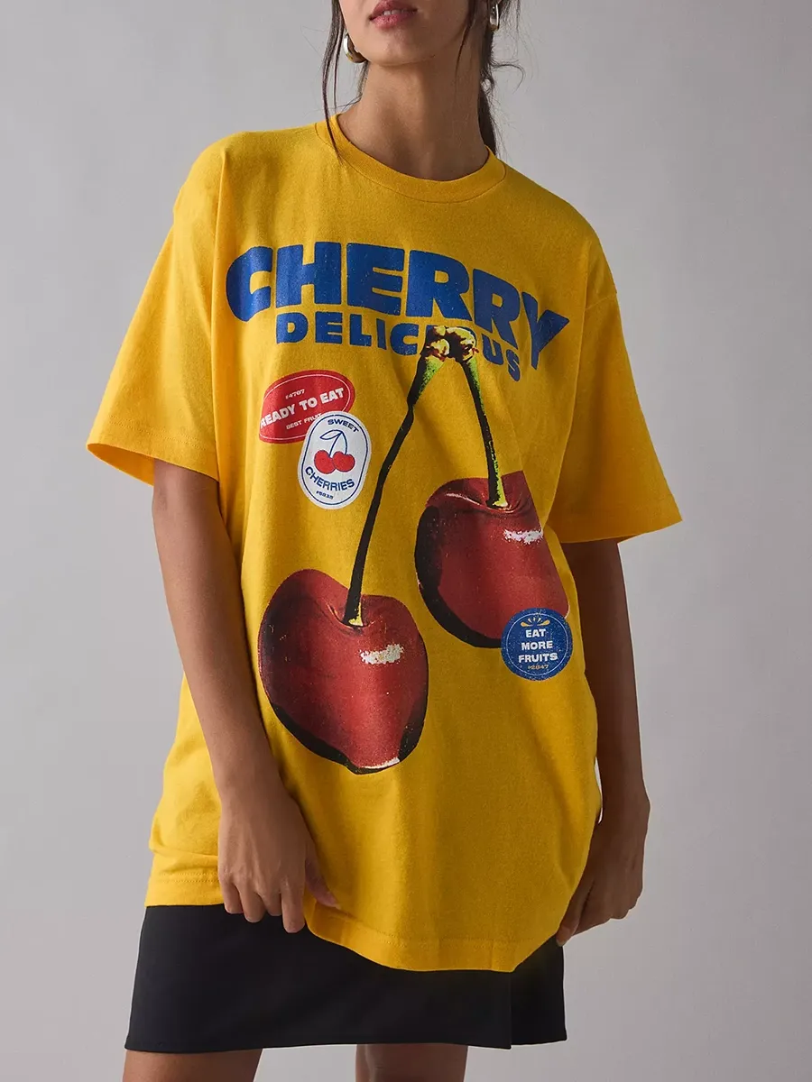 Yellow Cherry Print Loose T-Shirt