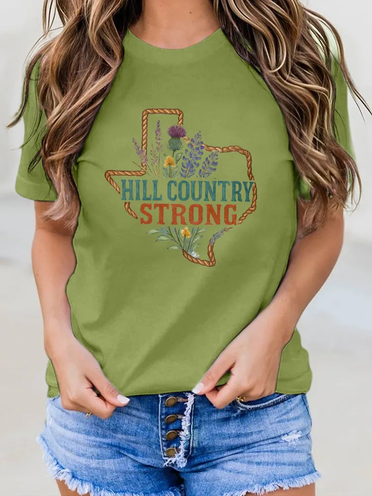Ladies HILL COUNTRY STRONG Simple Loose And Slim Round Neck Shirt