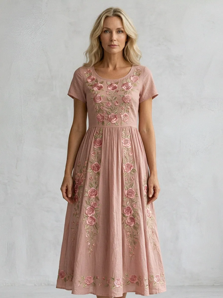 Women's Breast Cancer Awareness Rose Floral Embroidered Printed Dress
