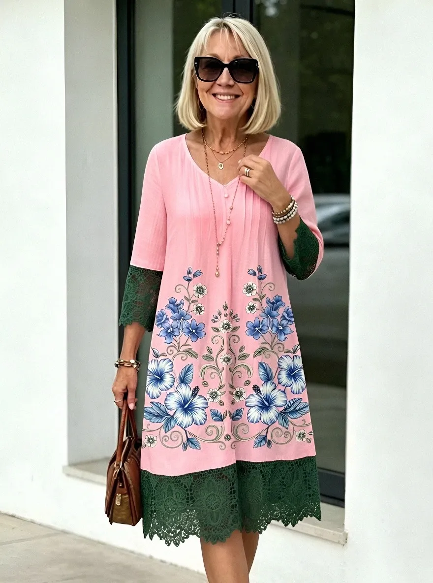 Women's Summer Vacation Blue Hibiscus Floral Lace Trim Printed Dress
