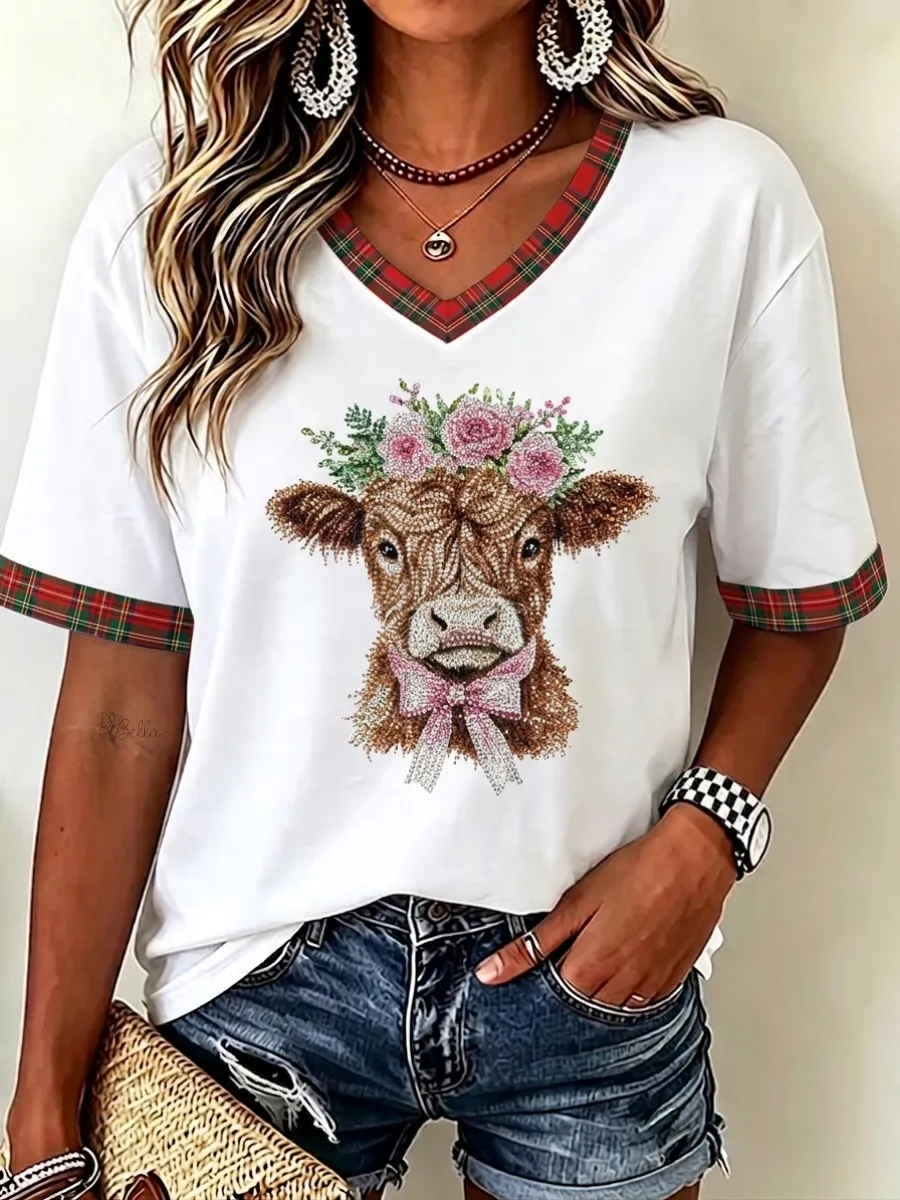 Women's Vintage Scottish Highland Cow Print V-Neck T-Shirt