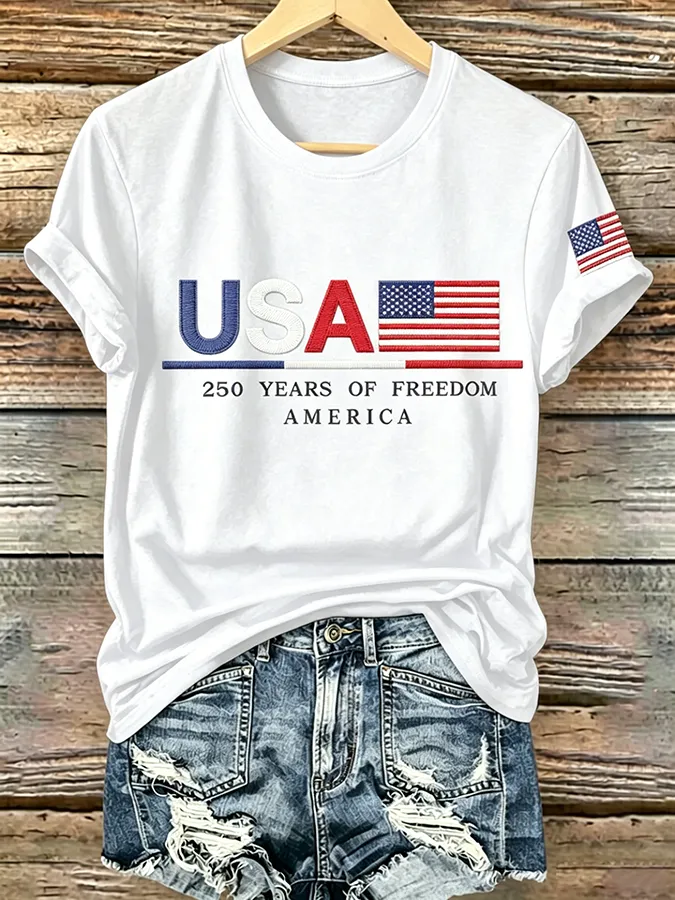 Embroidered Printed Round Neck Short Sleeved T-Shirt Commemorating The 250Th Anniversary Of The United States