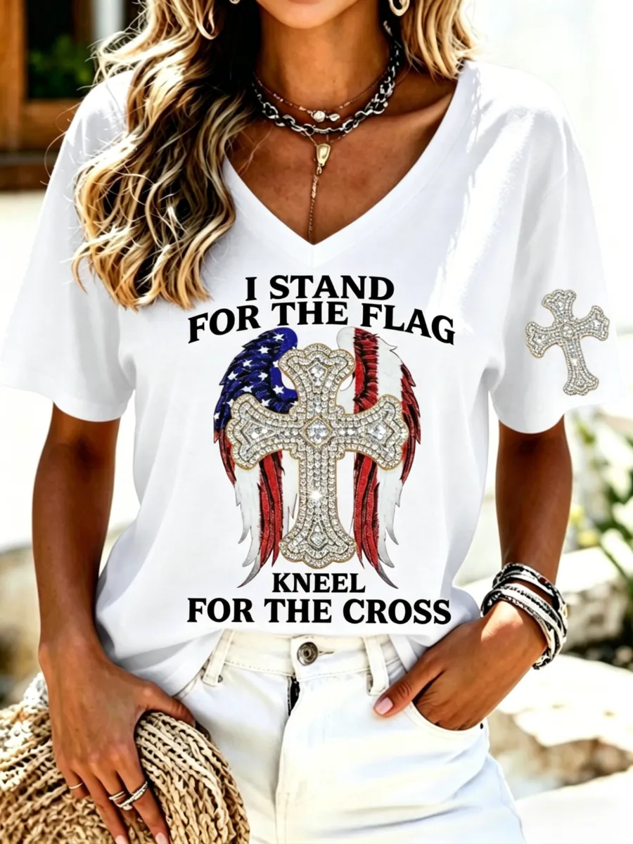 Women's America's 250th Anniversary Stand For The Flag Kneel For The Cross Faith Christian Cross Print T-Shirt