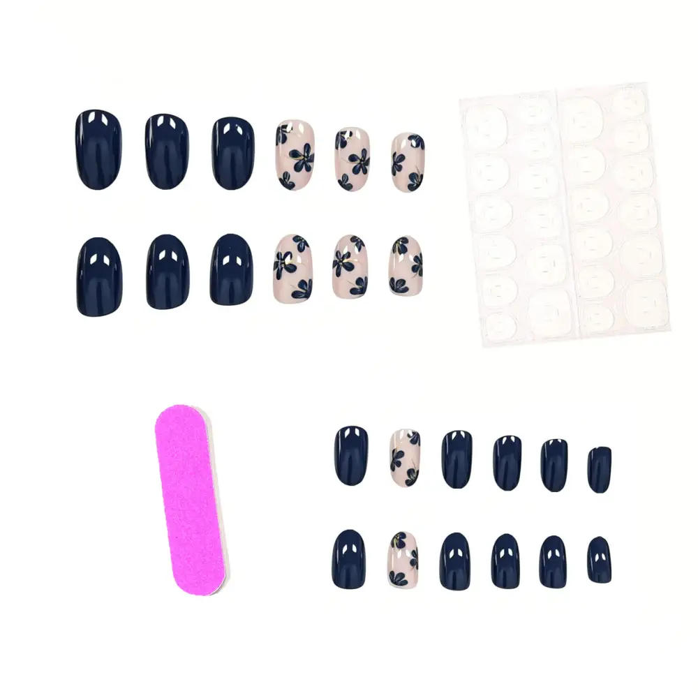 Nailhour 24Pcs Vintage Blue Floral Short Squoval Press On Nails