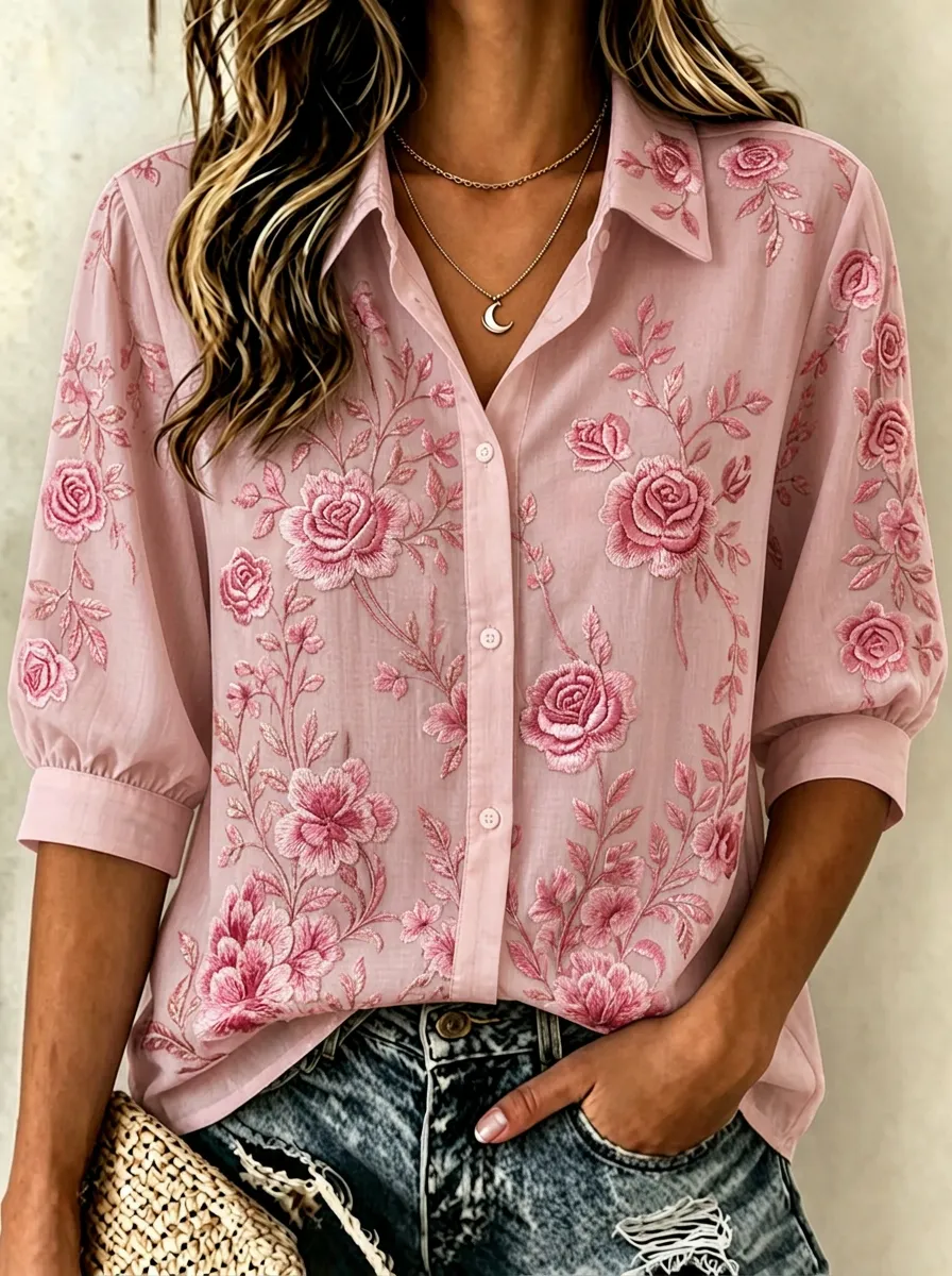 Women's Breast Cancer Awareness Pink Rose Floral Embroidered Button-Down Shirt