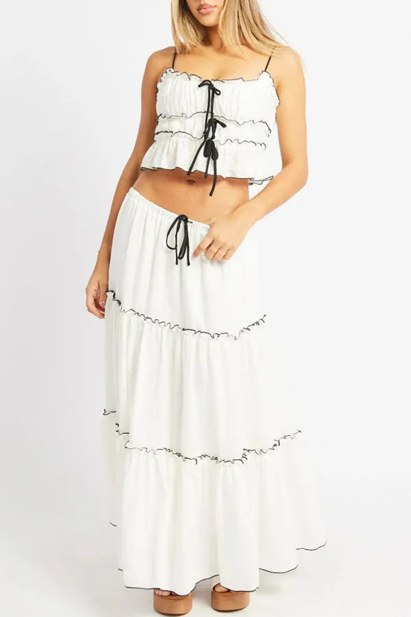 White Tiered Cami Top Sleeveless Front Ribbon