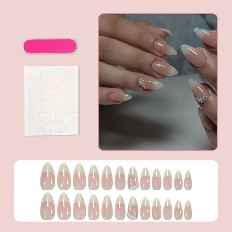 Nailhour 24Pcs Gradient 3D White Medium Almond French Press On Nails