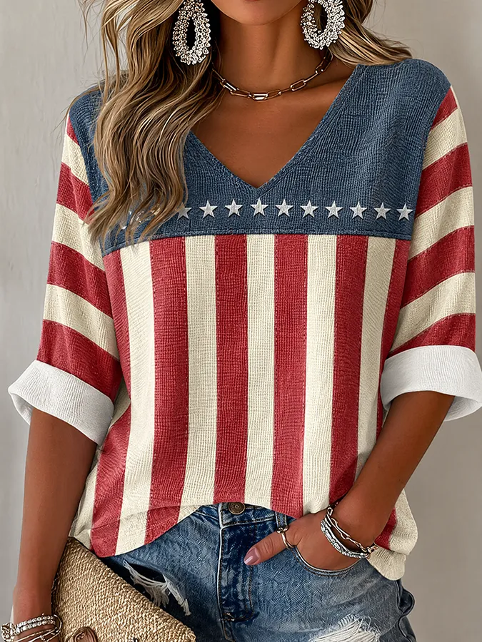 Women's American Flag Printed Casual Waffle Long Sleeve T-shirt