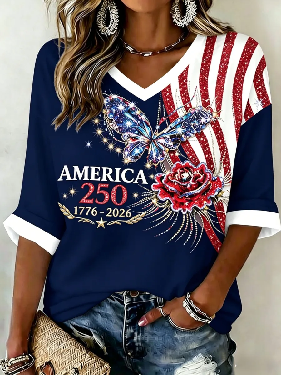 Women's 1776-2026 Anniversary Celebration Printed Half Sleeve V-Neck T-Shirt