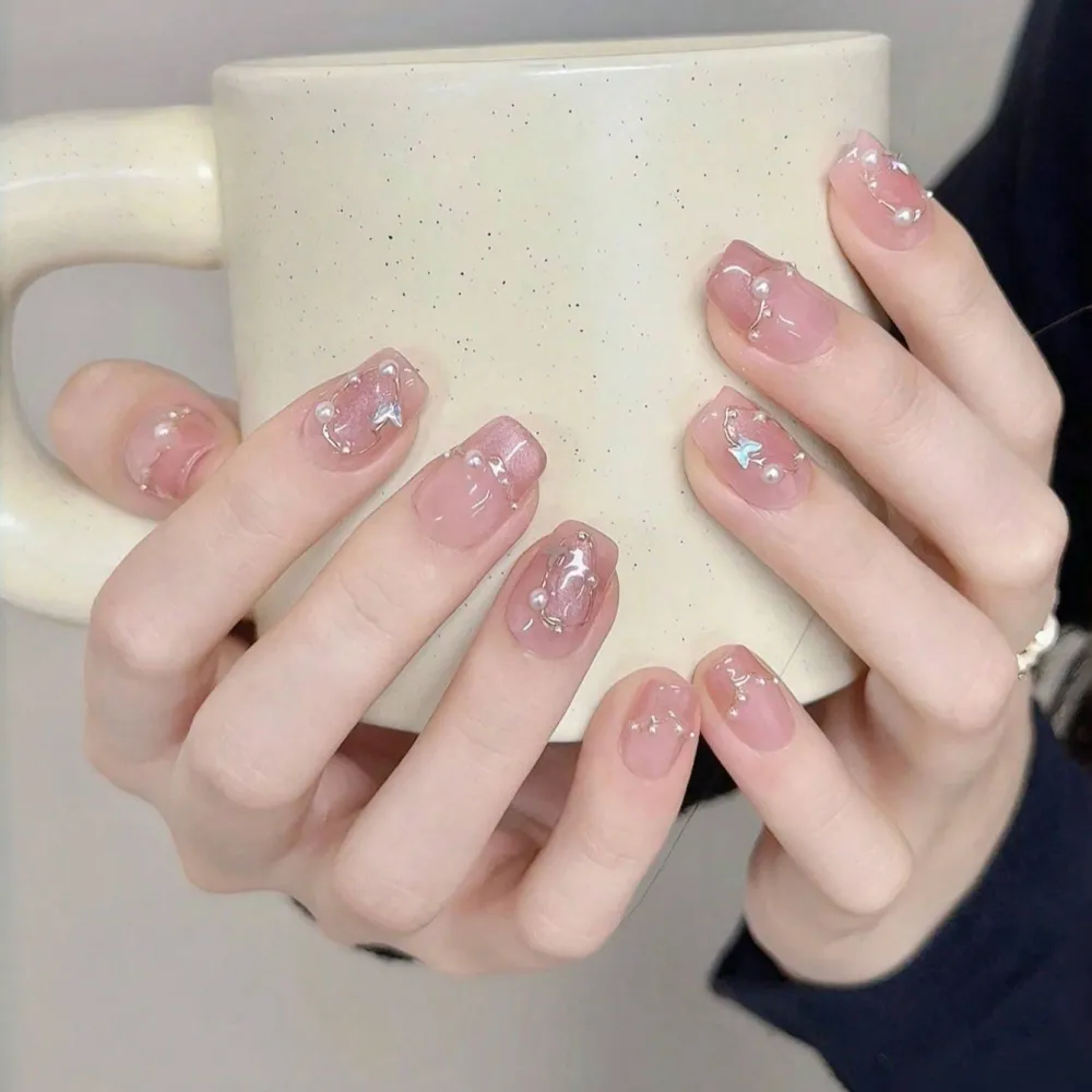 Nailhour 10Pcs Gilded French Glitter Pink Coffin Press On Nails