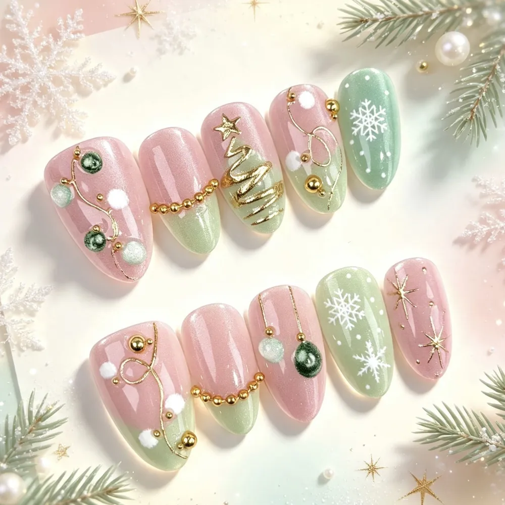 Nailhour 30Pcs Green 3D Medium Almond Christmas French Press On Nails
