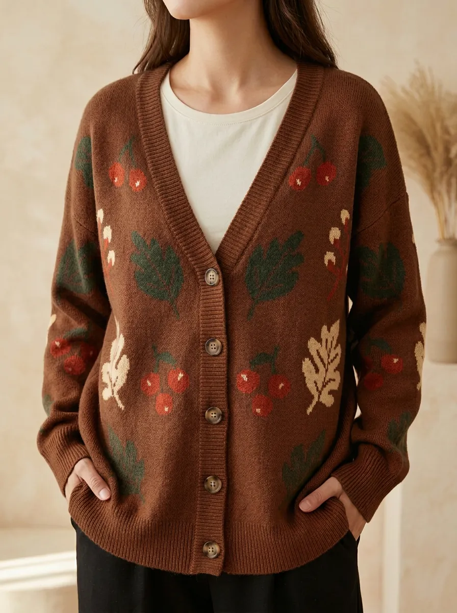 Leaf Cherry Patterned Women's Knit Cardigan