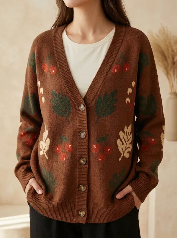 Leaf Cherry Patterned Women's Knit Cardigan