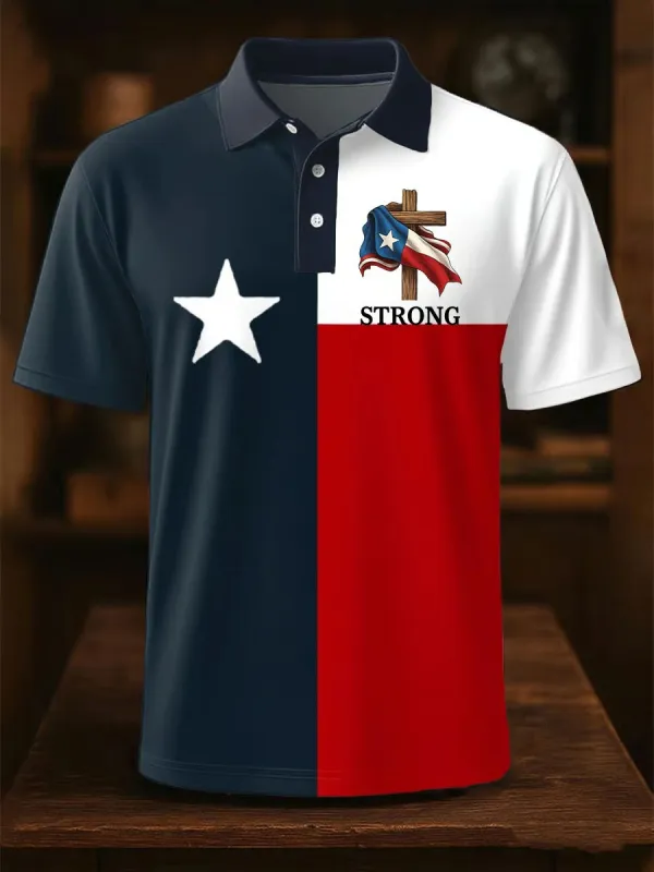 Men's Retro Texas Strong Print Polo Shirt