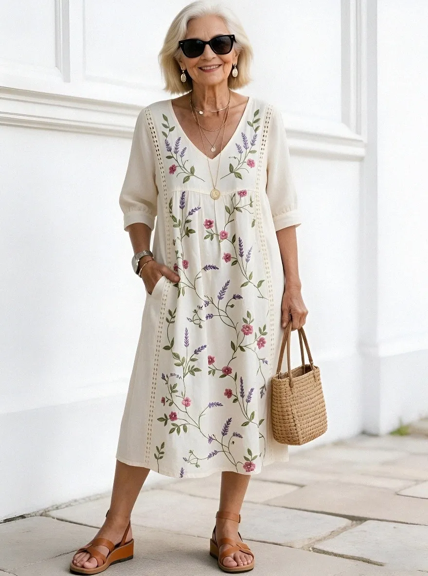 Women's Summer Vacation Floral Vine Printed Midi Dress