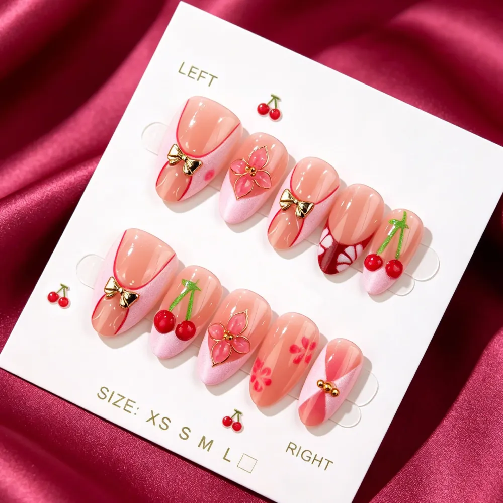 Nailhour 30Pcs Bow 3D Medium Almond French Cherry Press On Nails