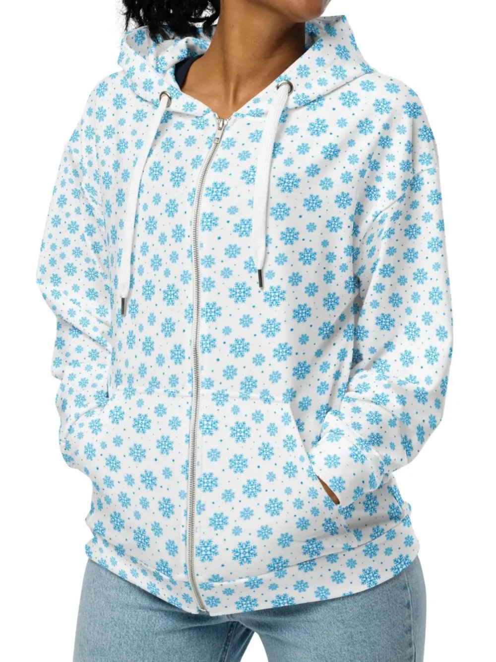 Front Zipper Snowflake Patterm Hoodie