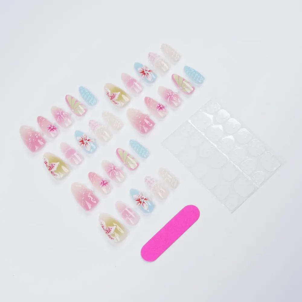 Nailhour 30Pcs Pearl 3D Medium Almond Gradient French Press On Nails
