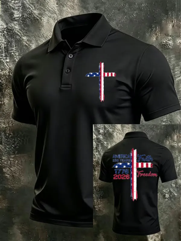 Men'S Flag Cross Print Casual Polo Shirt