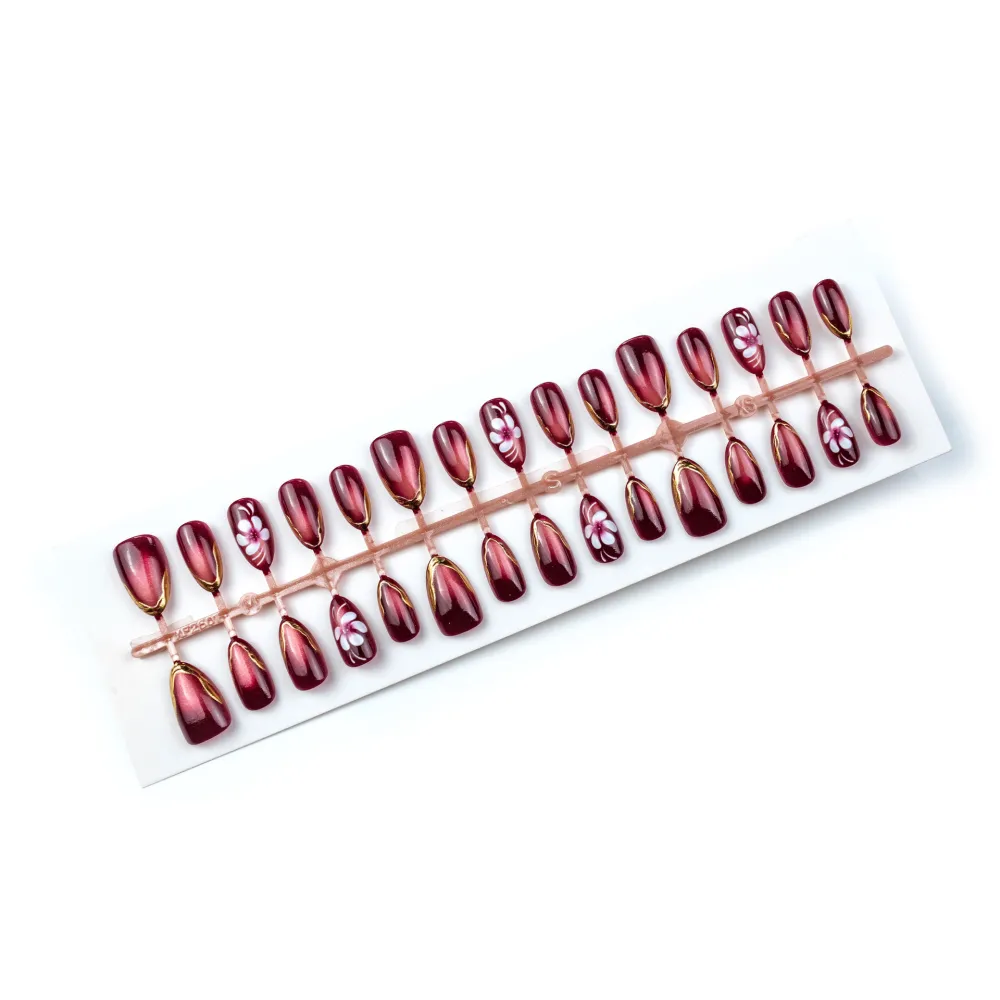 Nailhour 30Pcs Pink Gradient Cat Eye Medium Almond Press On Nails