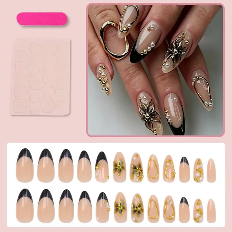 Nailhour 24Pcs 3D Gilded Floral Black Medium Almond Press On Nails