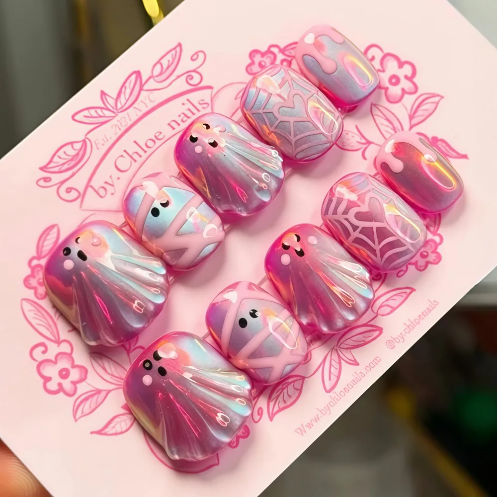 Nailhour 30Pcs Y2K Pink Ghost Cute Halloween Press On Nails