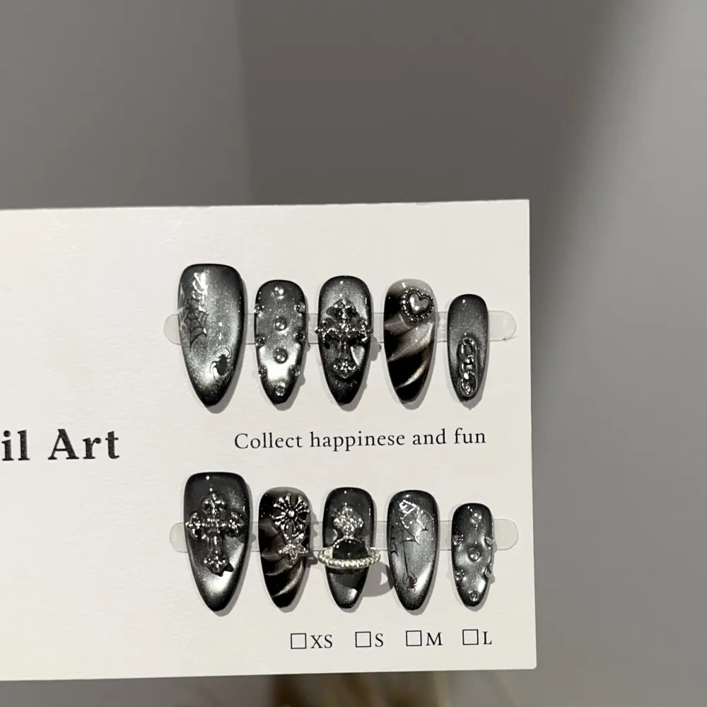 Nailhour 10Pcs Black Cat Eye 3D Medium Almond Press On Nails