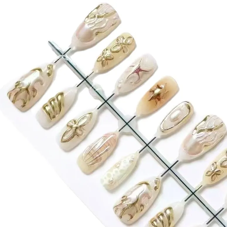 Nailhour 30Pcs Gilded 3D Cat Eye Medium Almond French Press On Nails