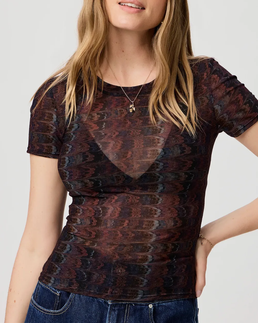 Navy Multi Sheer Fabric Short Sleeve Top