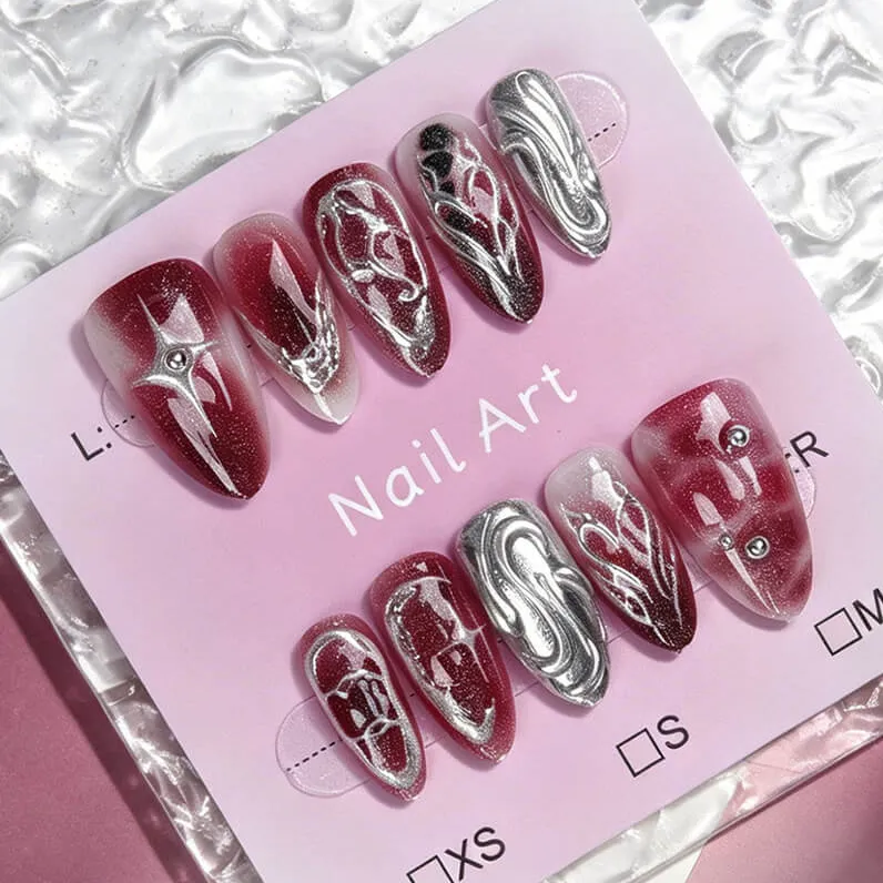Nailhour 30pcs Cat Eye Chrome Medium Almond Press On Nails