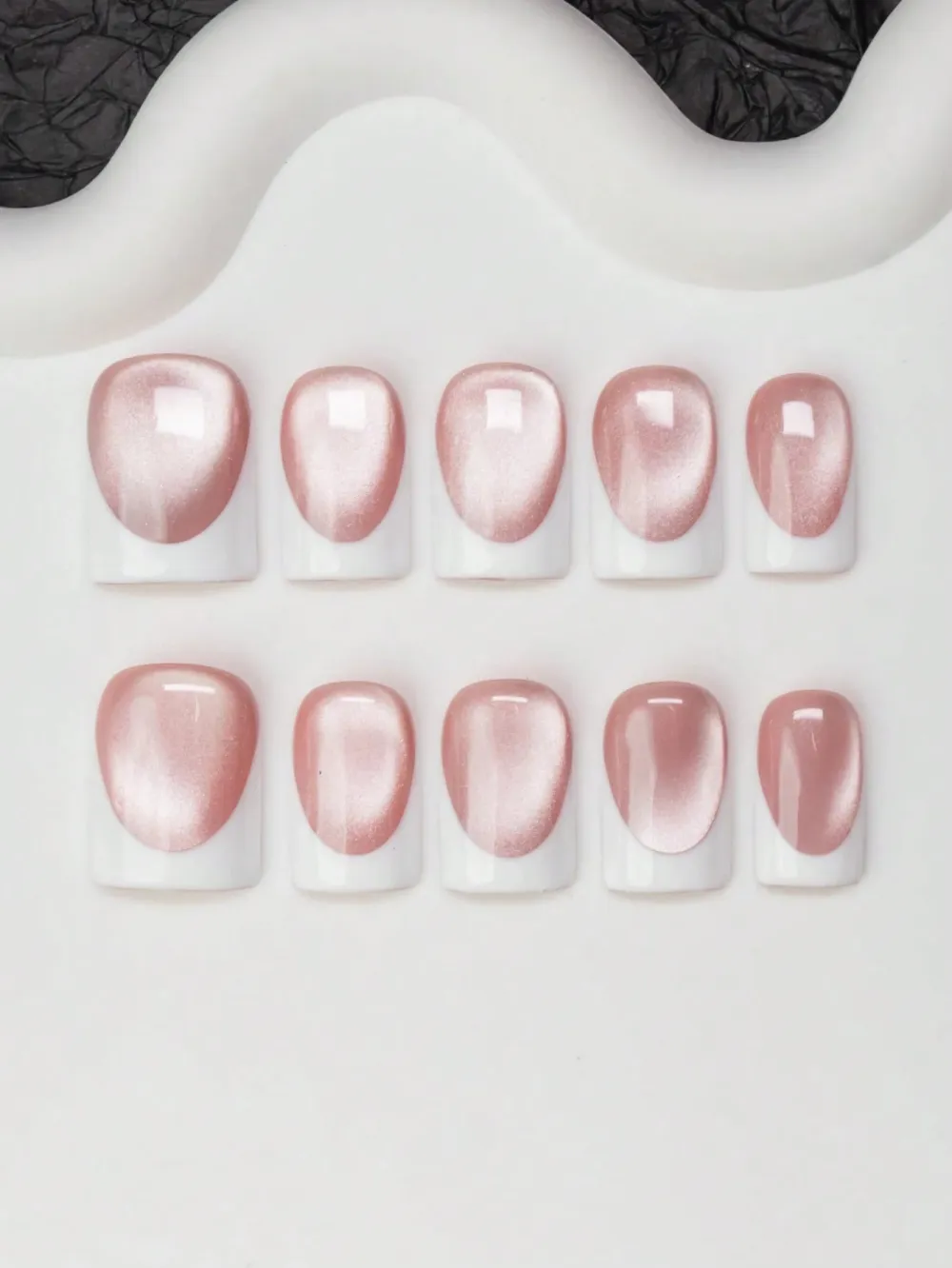 Nailhour Handmade 10pcs French Cat Eye Pink Press On Nails