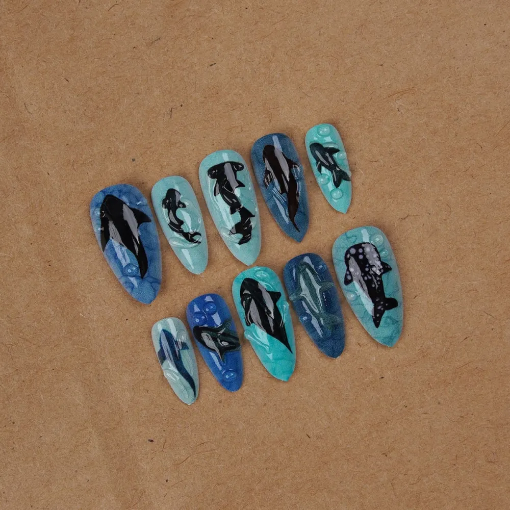 Nailhour 24Pcs Ocean 3D Medium Almond Shark Fish Press On Nails