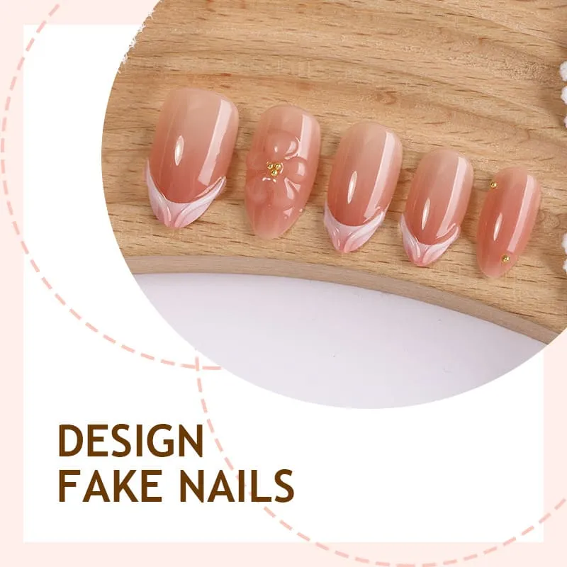 Nailhour 30Pcs Pink Floral 3D Gilded Short Almond Press On Nails