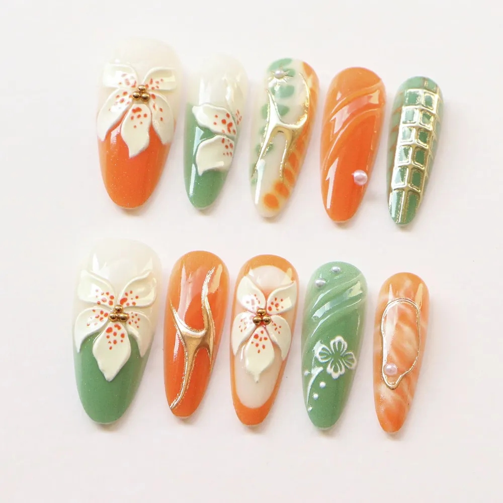 Nailhour 30Pcs Autumn 3D Floral Long Almond Press On Nails