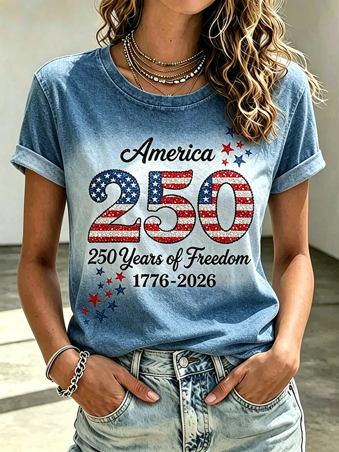 Ladies' Casual American 250Th Anniversary Sequin Personalized Printed Round Neck Short Sleeved T-Shirt