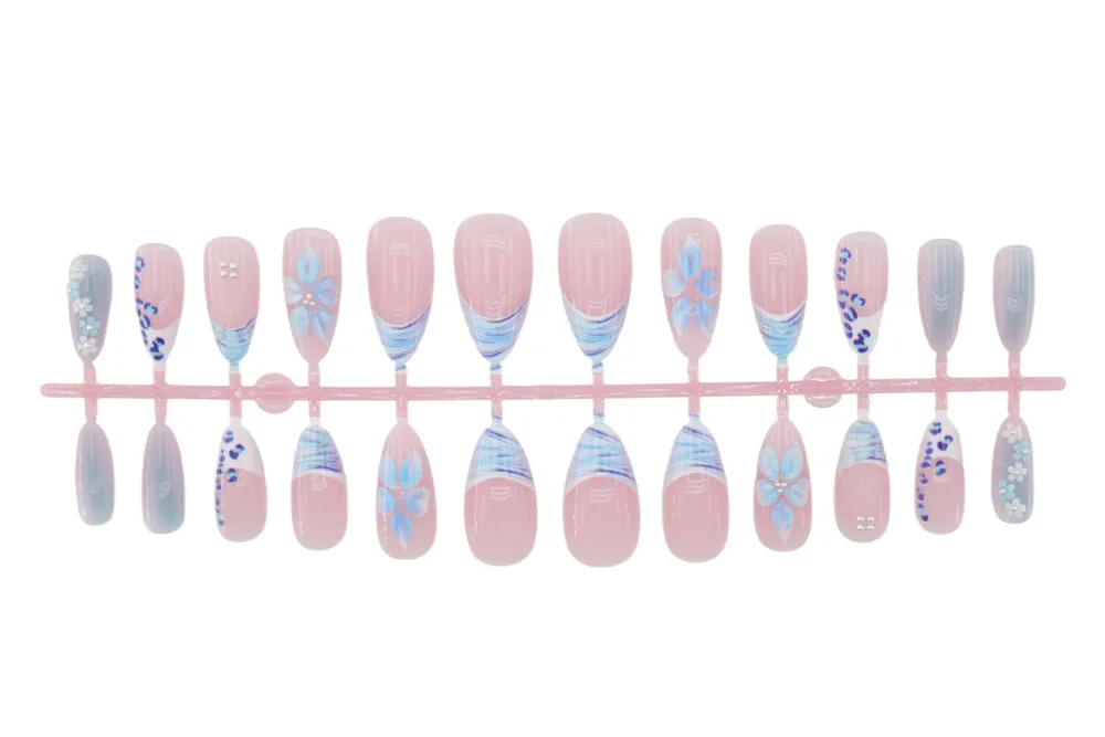 Nailhour 24Pcs Floral 3D Medium Blue Almond French Press On Nails