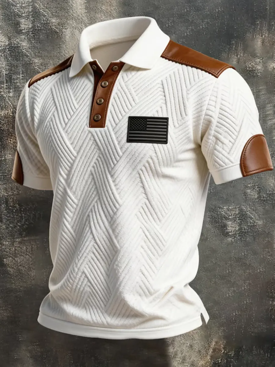 Men's Retro Textured Color-Blocked Polo Collar Short Sleeves