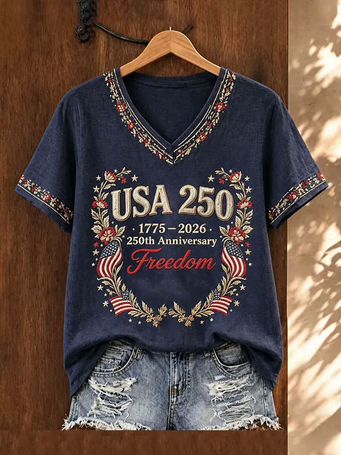 Women'S America Flag Floral Print Casual V-Neck T-Shirt