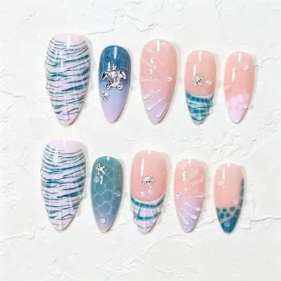Nailhour 24Pcs Rhinestone 3D Blue Medium Almond Summer Press On Nails