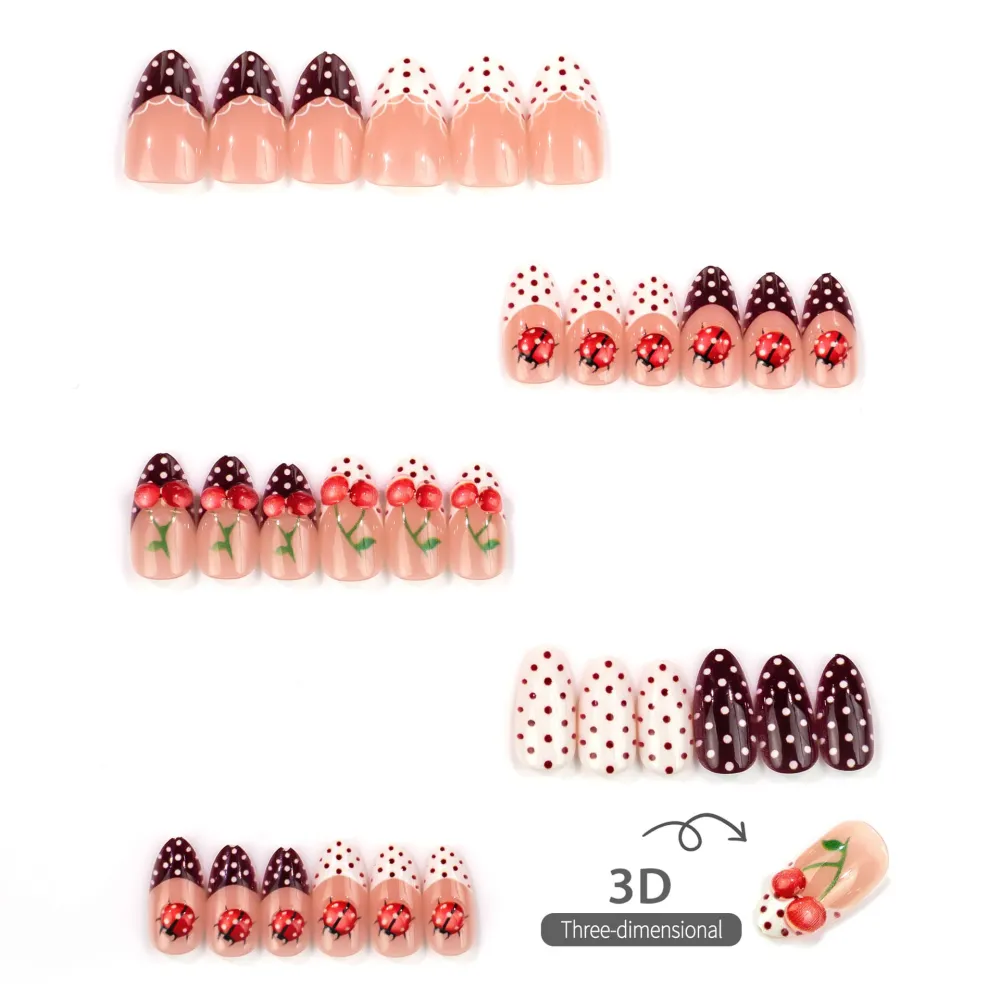 Nailhour 30Pcs Polka Dot 3D Medium Almond French Press On Nails