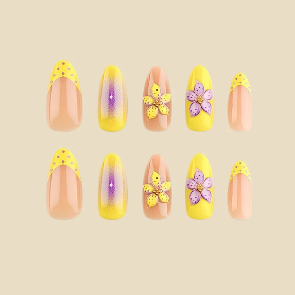 Nailhour 30pcs Yellow Medium Almond French Press On Nails