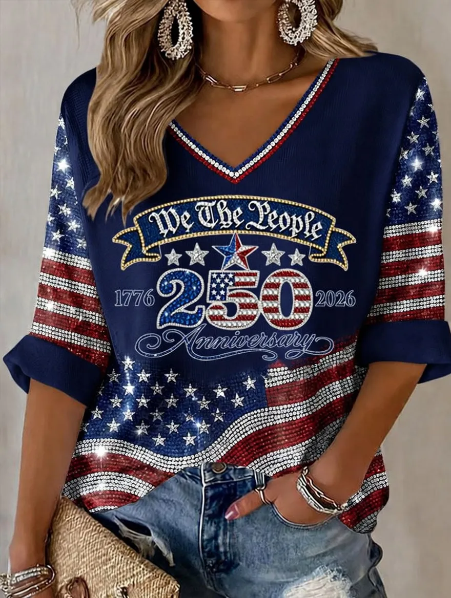 Women'S Retro Independence Day Art Printed Casual T-Shirt
