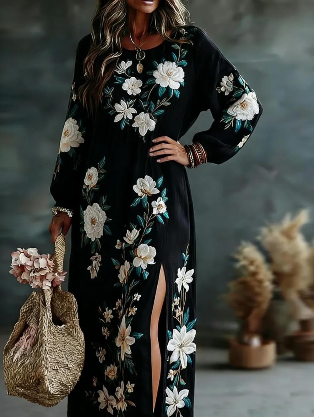 Vintage Floral Lace Design Women's Side-Slit Linen Maxi Dress
