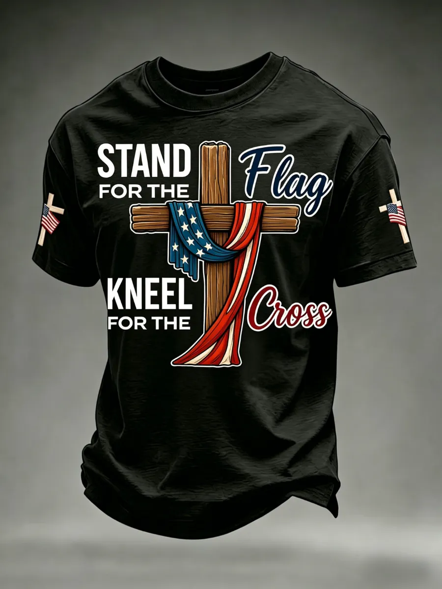 Men's America's 250th Anniversary Stand For The Flag Kneel For The Cross Faith Christian Cross Print T-Shirt
